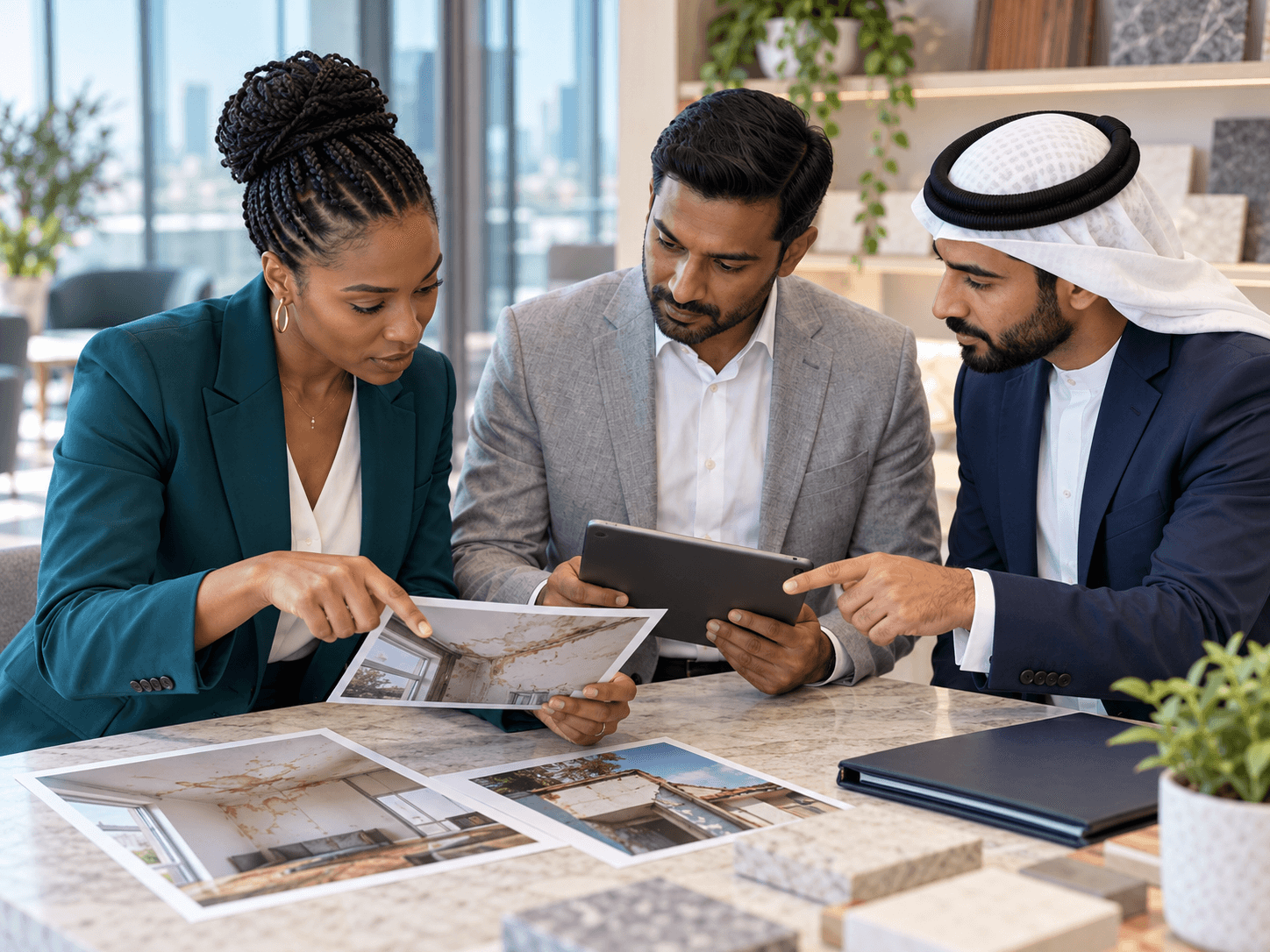 Insurance specialists reviewing property evidence for a claim together
