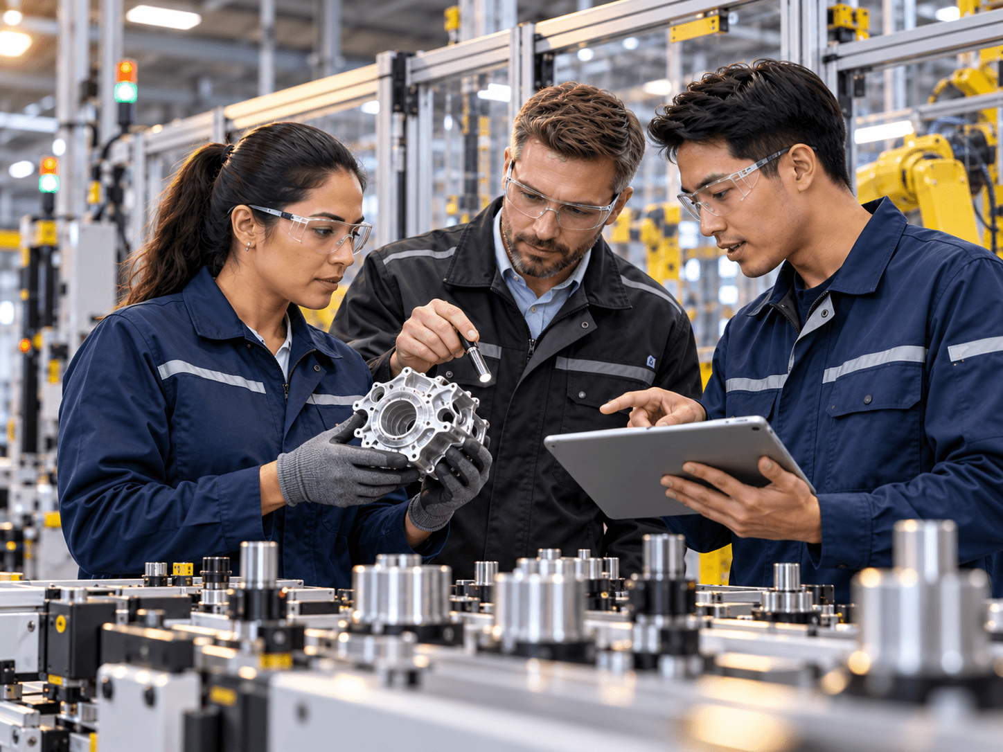 Manufacturing operations, quality, and engineering specialists inspecting a component