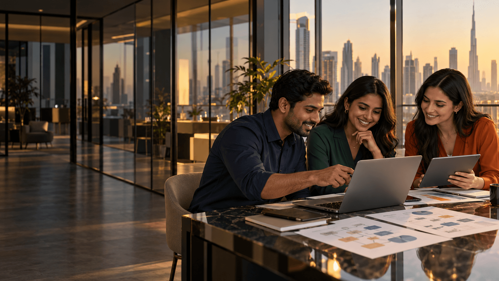Enterprise technology specialists collaborating on an intelligent automation workflow in a Dubai office