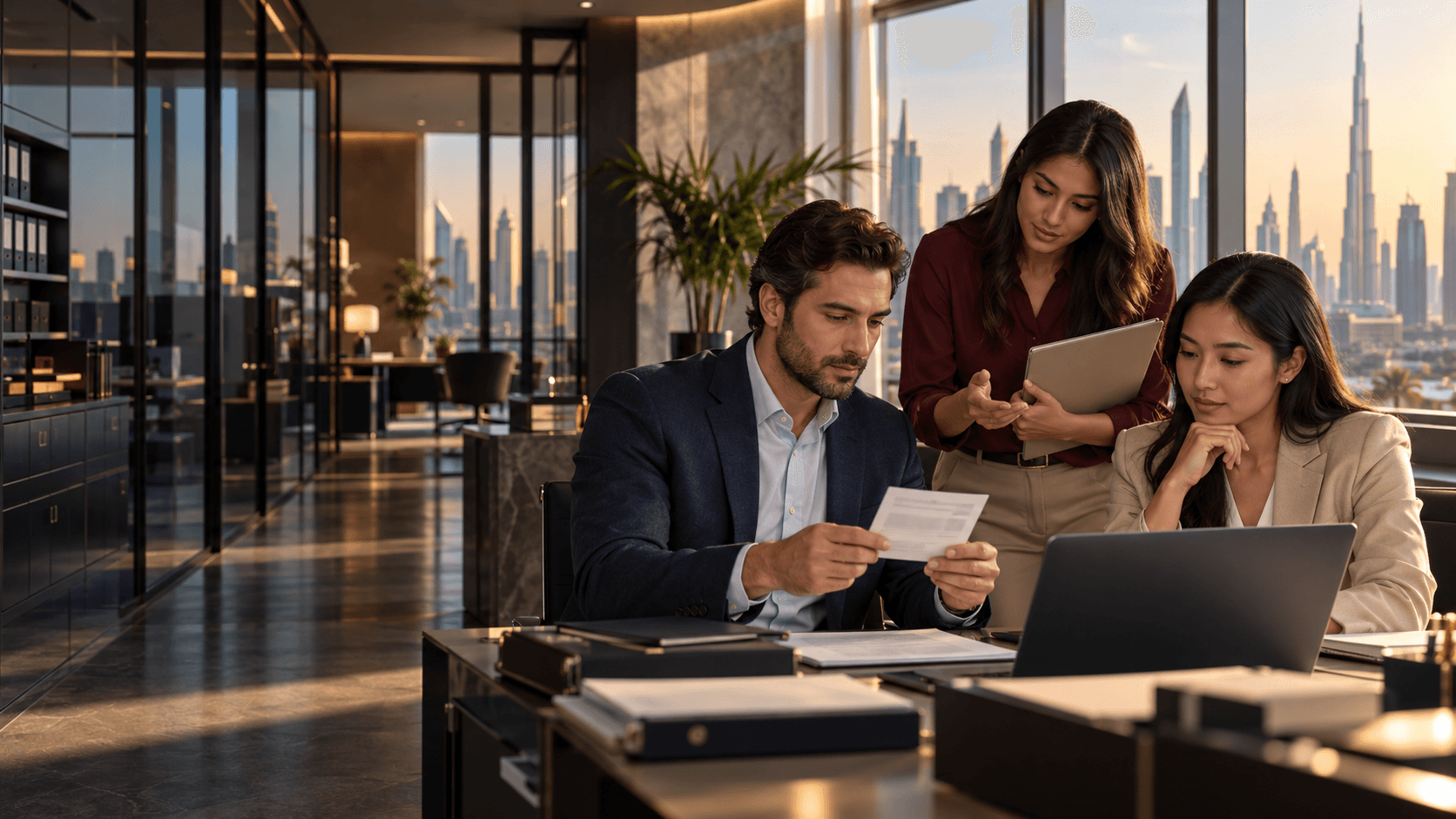 Compliance professionals reviewing customer onboarding documents and due-diligence cases in a Dubai office