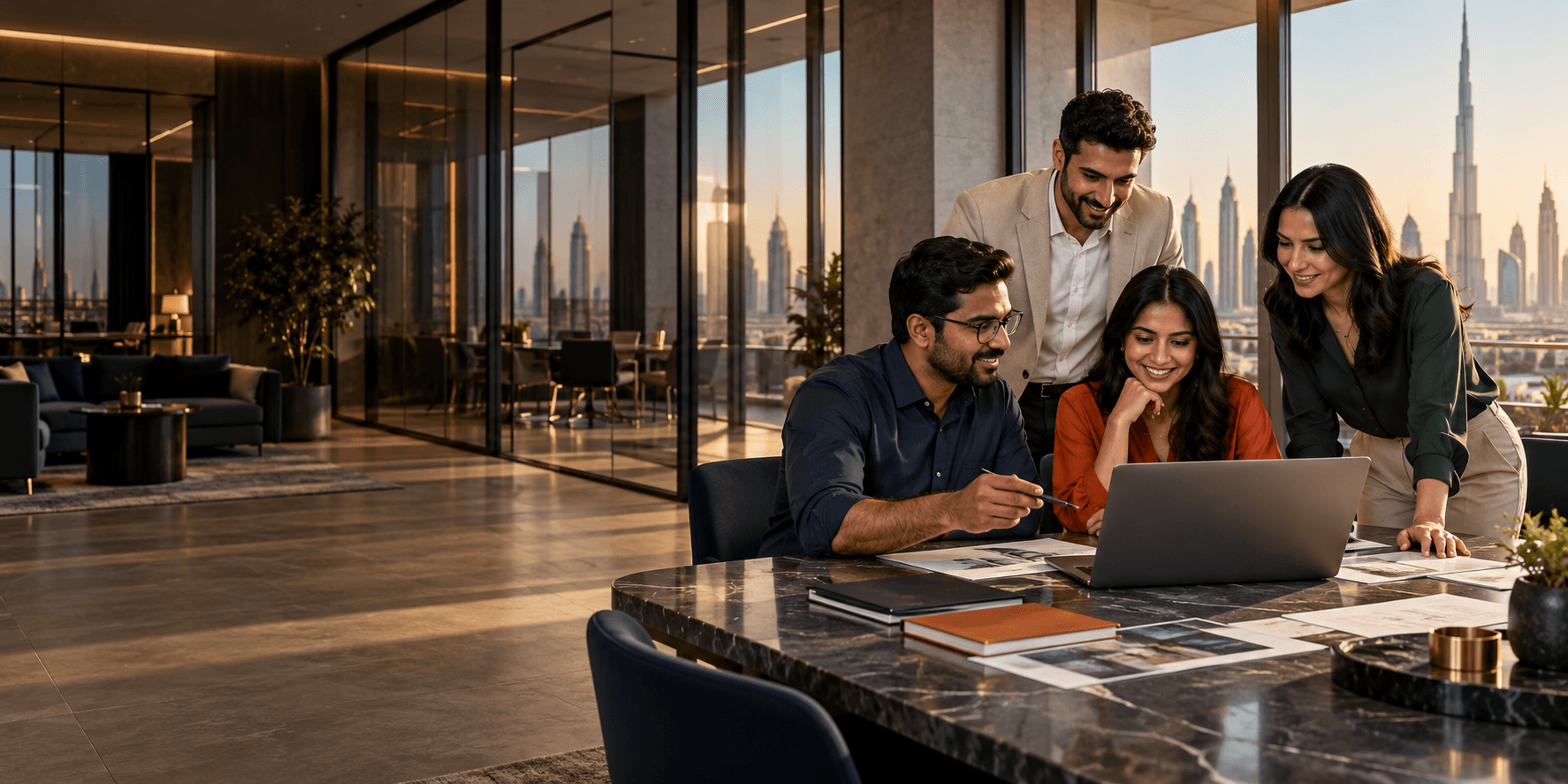 A diverse enterprise technology team collaborating in a modern Dubai office