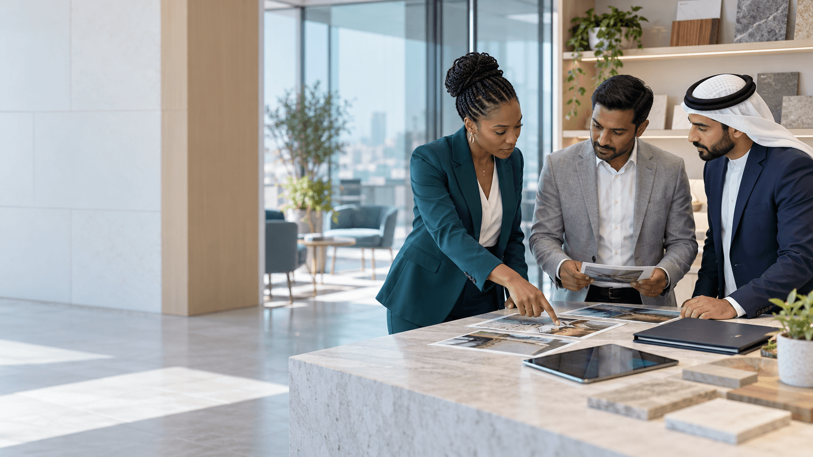 Insurance claims and underwriting specialists reviewing property evidence together