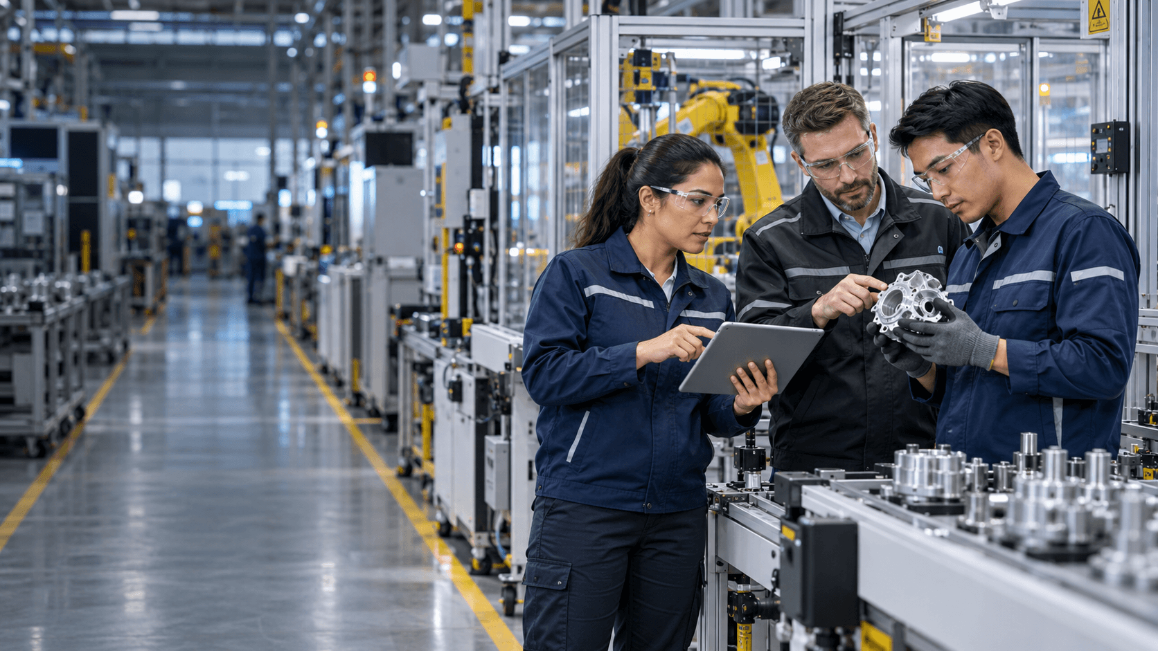 Manufacturing operations, quality, and engineering specialists reviewing a production issue