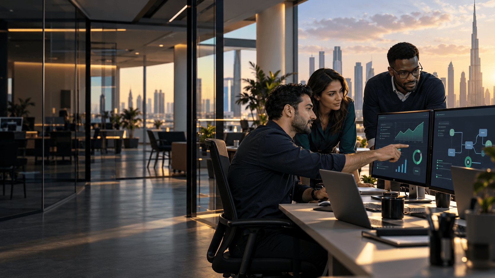 Platform engineers collaborating on cloud delivery pipelines and machine-learning operations in a modern office