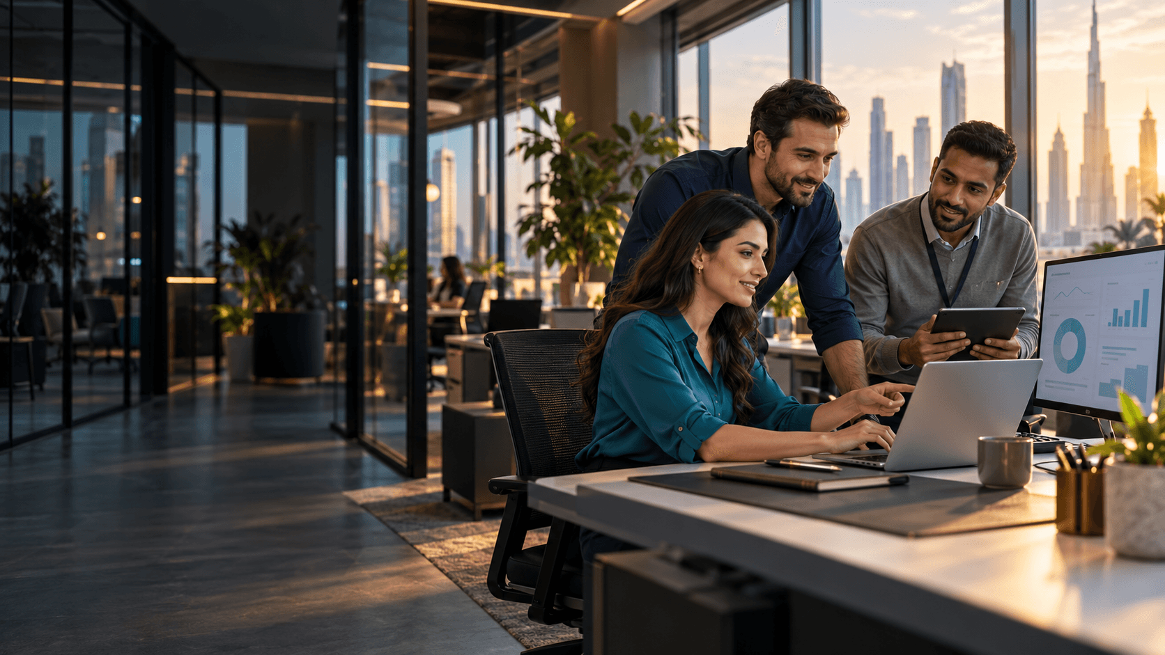 Customer operations professionals working with connected sales and service information in a Dubai office