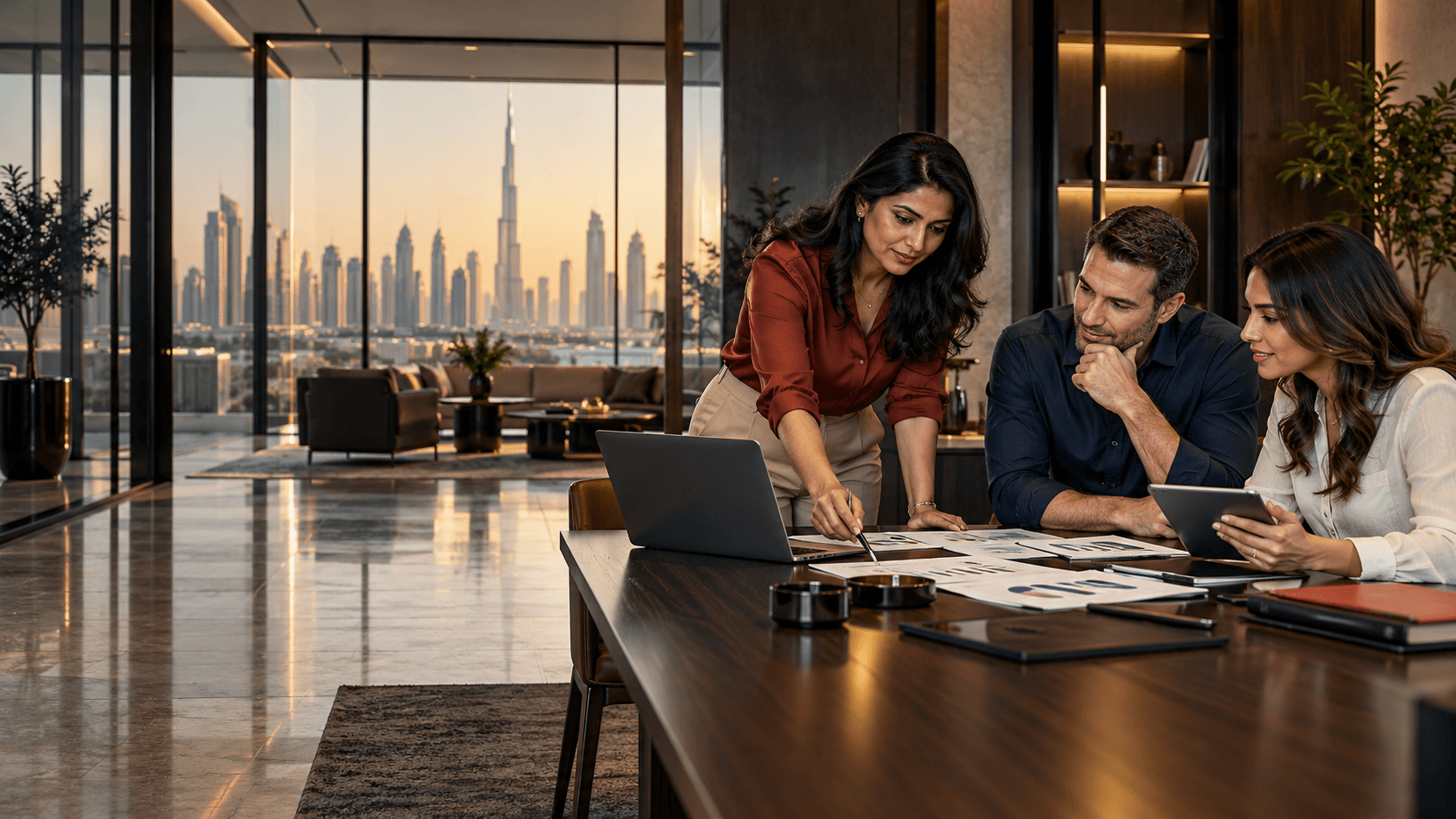 Enterprise consultants reviewing finance and operations plans in a modern Dubai office
